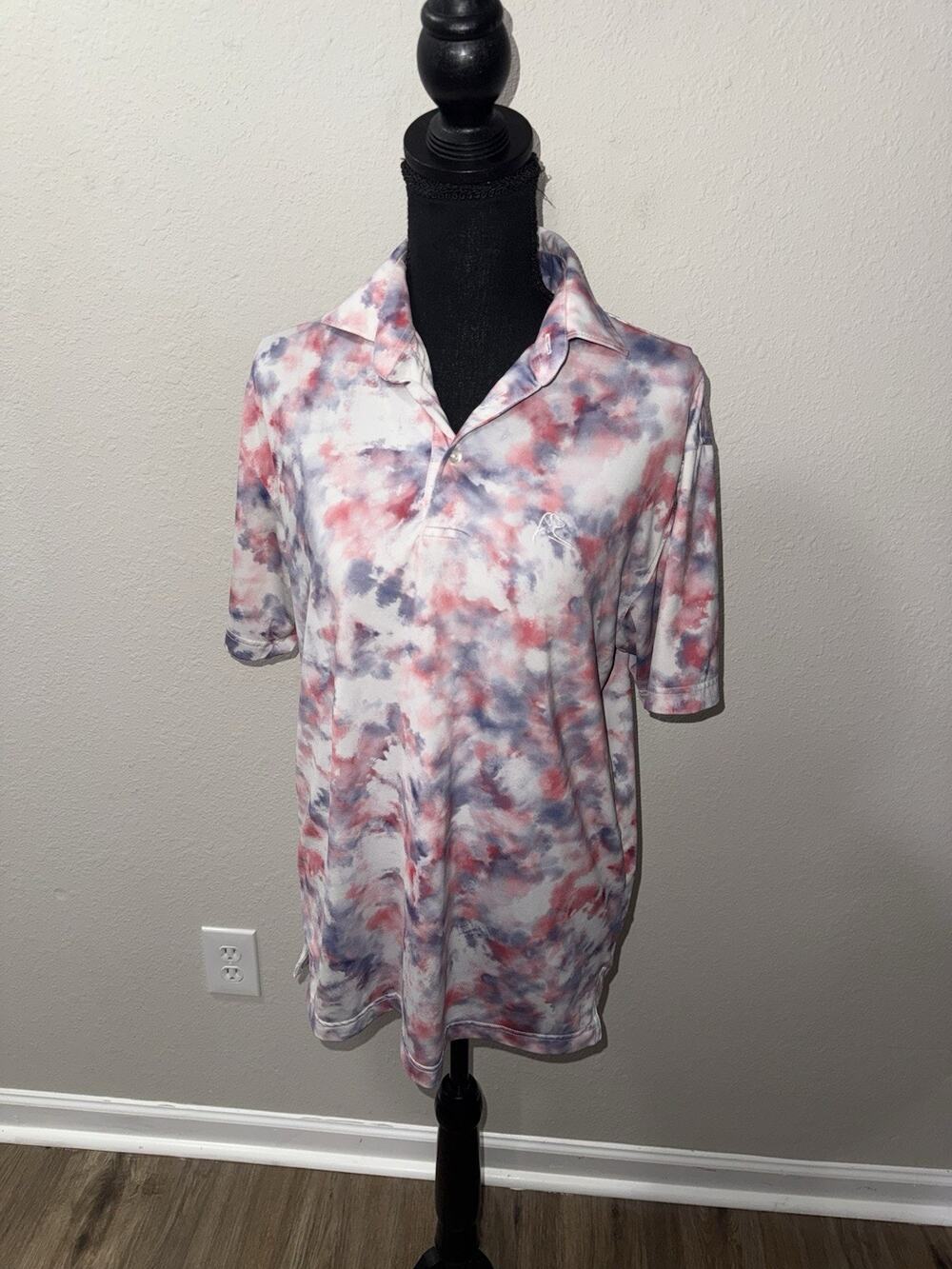 Rhoback Polo Shirt Mens Small Red Blue White Tie Dye Performance Golf USA Flag
